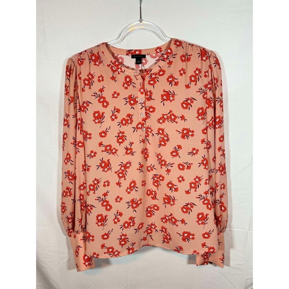 Ann Taylor Coral Long Puff Sleeve Blouse Floral Print Size Small
